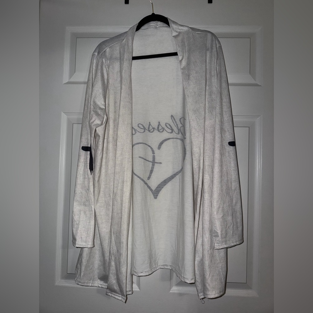 White Open Front Cardigan with Cross Blessed Heart Design